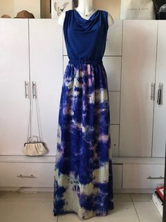 Elegant Two Tone Marble Watercolor Skirt Design Sleeveles Cowl Neckline Ultra Maxi Dress
