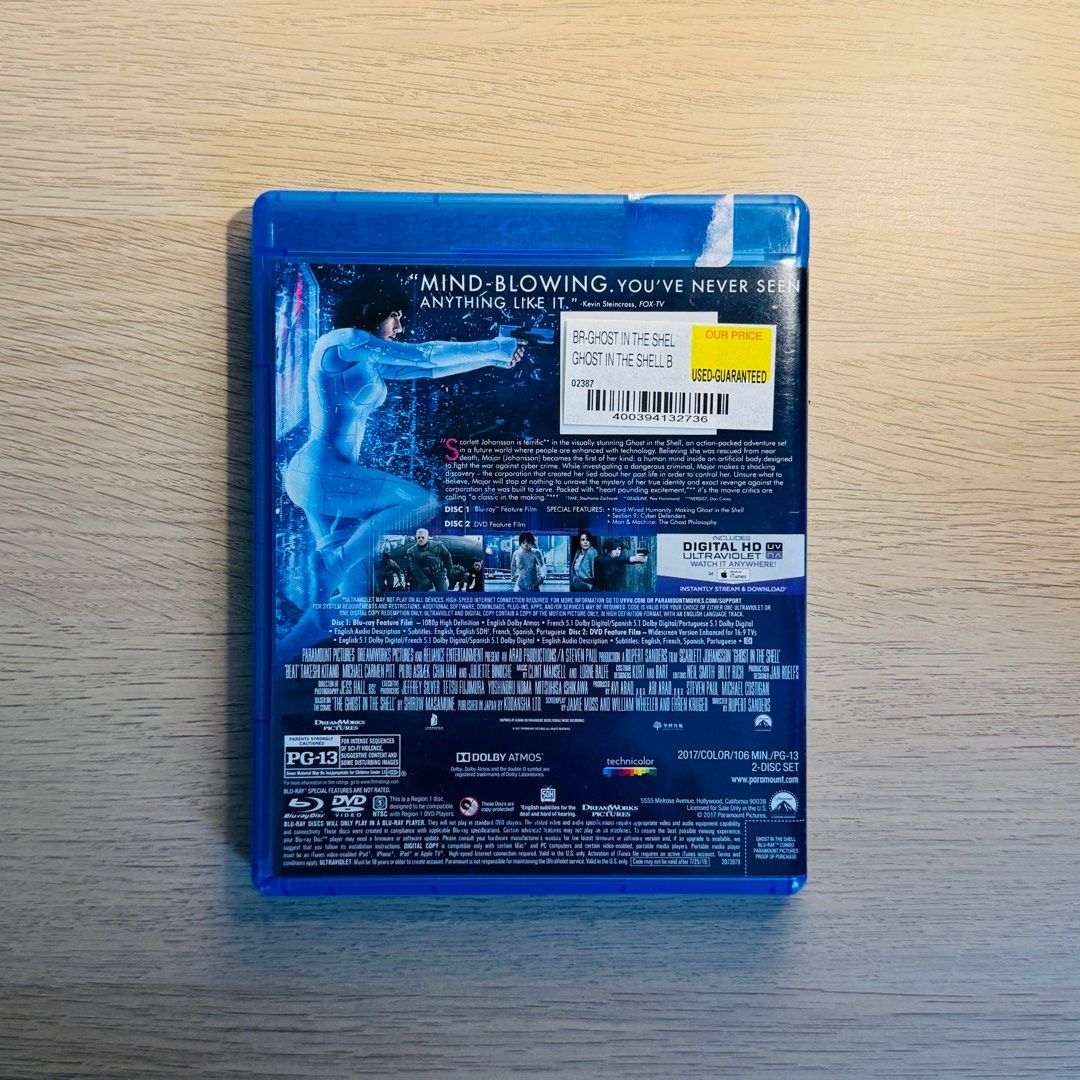 Ghost in the Shell Blu-ray + DVD (Category: CDs & DVDs) located in Mandaluyong City. Submitted by fromfran (Listing ID 1297537774, Image 3). Description: - The discs are free from any scratches - Blu-ray + DVD discs - Bought from a 2nd hand store in the US - Please don’t expect a nice cover 😅.