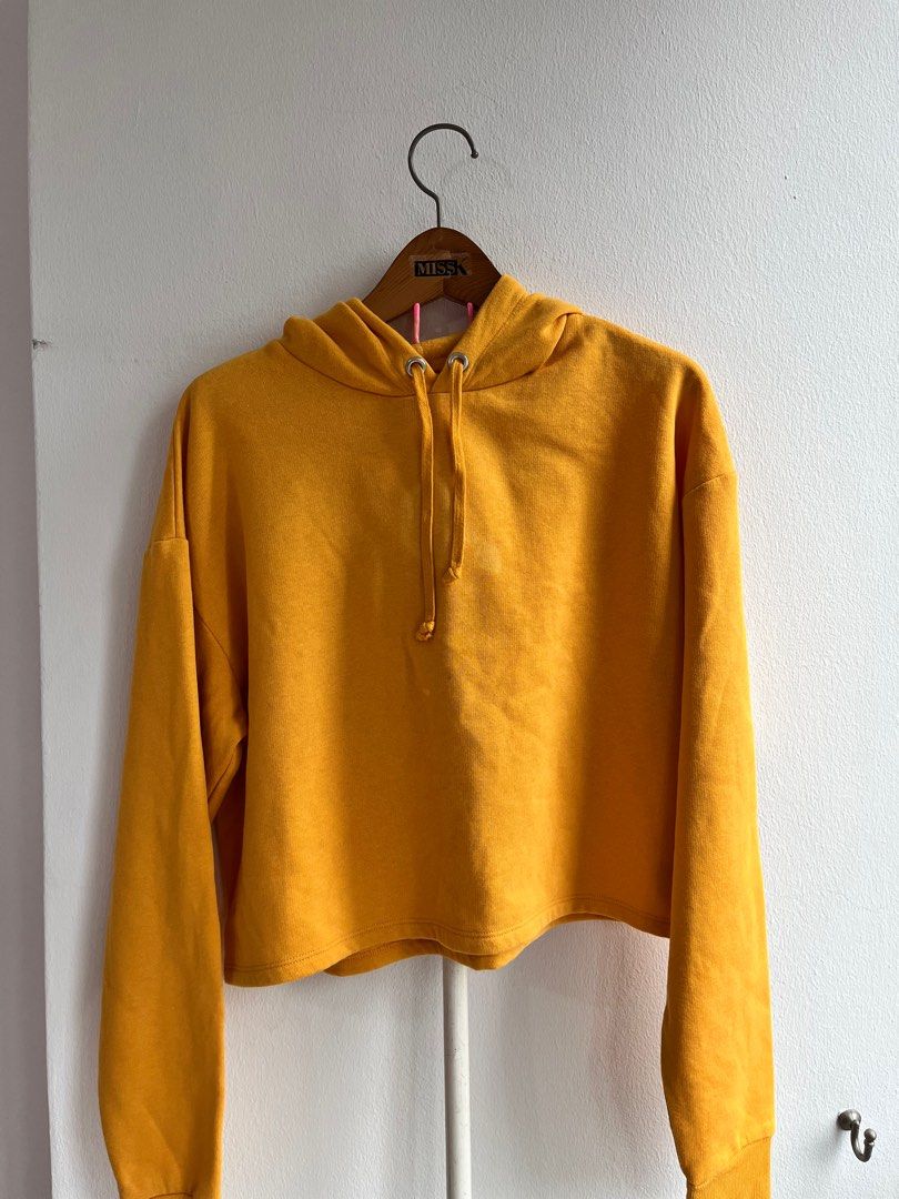 H M yellow cropped hoodie Women s Fashion Tops Longsleeves on Carousell