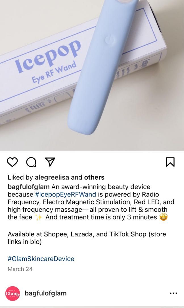 Ice pop depuffing device (Category: Face Care) located in Paranaque City. Submitted by makeupskincarebelowretail (Listing ID 1297565544, Image 3). Description: Icepop Eye RF Wand is a handy anti-aging device for the eyes. It uses radio-frequency, red light, EMS, and high frequency vibration for an instant eye-lift and brighter undereyes. See the difference in just 3 minutes. Modes: One treatment cycle lasts 3 minutes. Firming Mode: EMS + RF Brigh