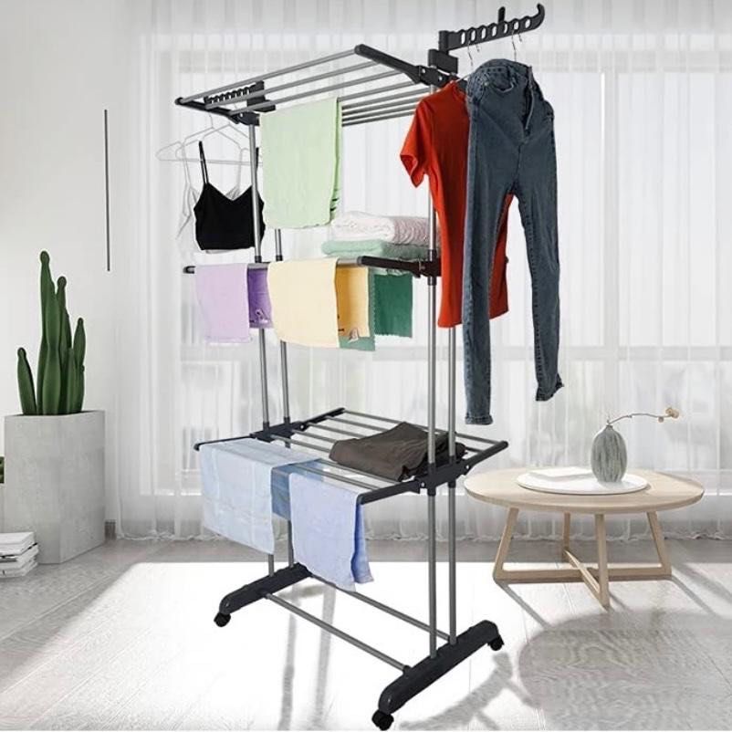 Multilayered Laundry Clothing Drying Rack Foldable Laundry Room Clothes Dryer Folding Wing Adjustable