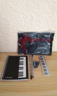 Music Themed Zipper Pouch Stationery Set - Black Piano Keys Spiral Bound Notebook, 15cm Ruler, Eraser and 2 Pencils