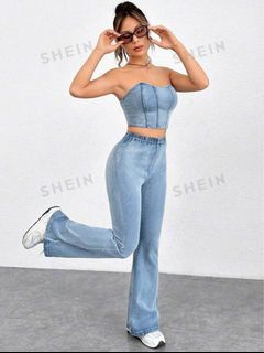 Original / Authentic SHEIN EZwear Zip Back Denim Tube Top & Flare Leg Jeans