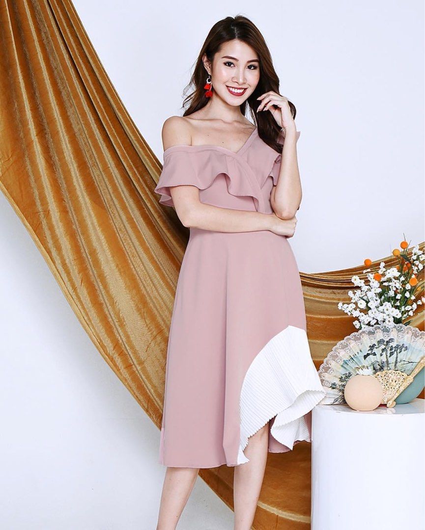 strapless open back dress Stolen Stores Asymmetric Draped Chiffon Mini Dress in Dusty Pink main image 0