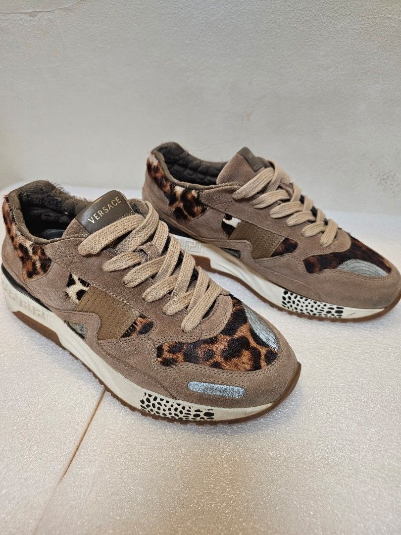 PROMO! VERSACE Achilles Panelled Leopard Calf Hair Sneakers, Men's