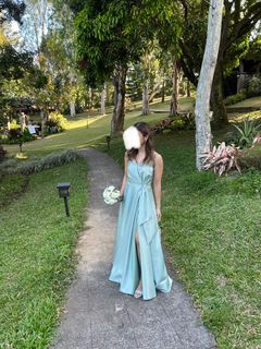 FOR RENT / FOR SALE : Sage Green Bridesmaid Long Gown Evening Dress with Slit