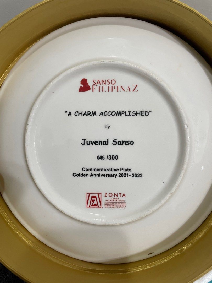 Sanso art plate limited numbered (Category: Frames & Pictures) located in Quezon City. Submitted by myextras (Listing ID 1297629884, Image 2). Description: “A CHARM ACCOMPLISHED” by Juvenal Sanso 045 /300 Commemorative Plate Golden Anniversary 2021- 2022 “art that appreciates” comes with COA.