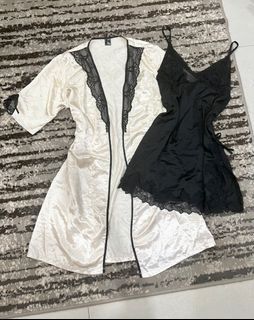 SET Sexy Premium Silk Sleepwear Black and Beige Tone Lace Nightgown Victoria's Secret Inspired Dress With Slits and Ribbons