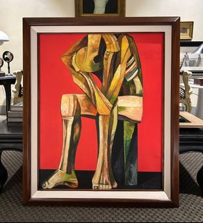 THE THINKER 29x35 inches OIL ON CANVAS Painting with Wood Frame, Ready to Hang