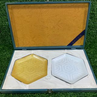B4 Vintage Cloisonne Ware by Ando Shichihoten Collection Gold with flaw as posted and White Silver Glitter Shimmering Hexagon Plate with Box 5.5” inches, 2pcs - P399.00 Take All