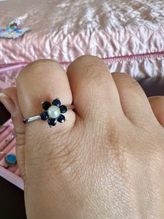 Vintage genuine 925 silver ring with pure & natural blue sapphire & small seapearl size8