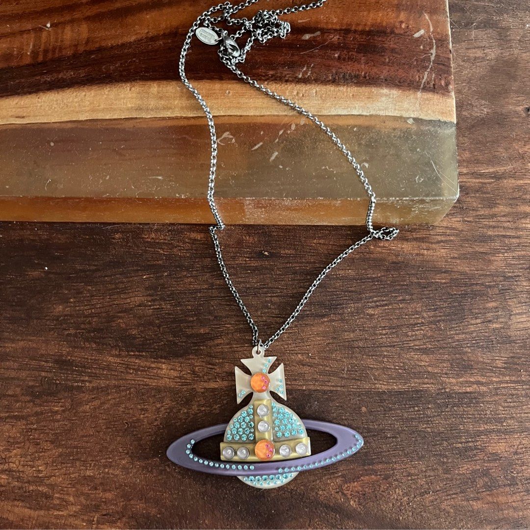 Vivienne westwood vw classic vintage resin silver big logo necklace  經典中古復古絕版薇薇安大星球頸鏈多色閃石寶石#V162