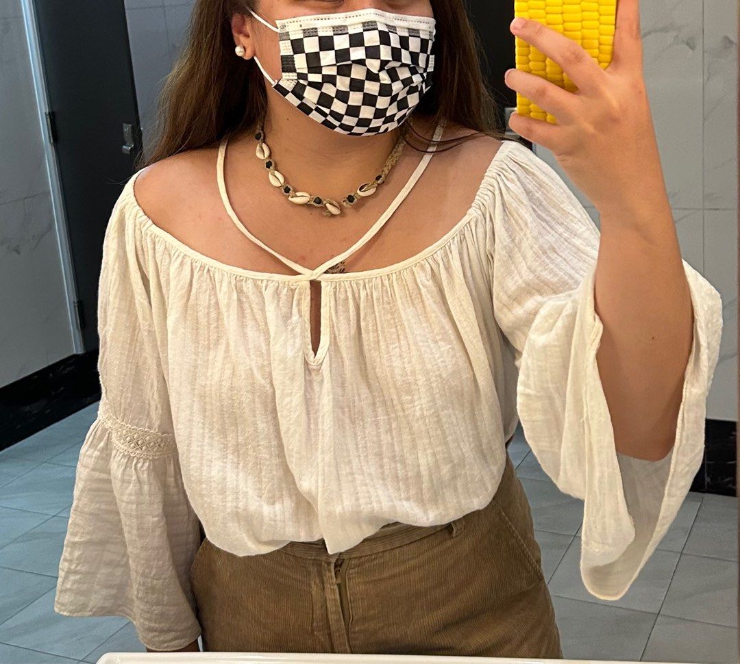 WELL LOVED White Fairycore Cottagecore Island Girl Off Shoulder Beach Blouse with Flowy Bell Sleeves Women s Fashion Tops Blouses on Carousell