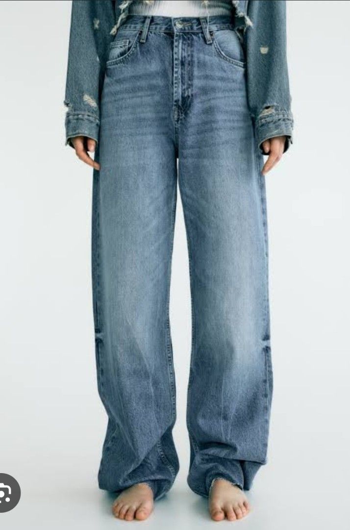 Zara high rise wide leg full length denim jeans unfinished cut celana  panjang wanita