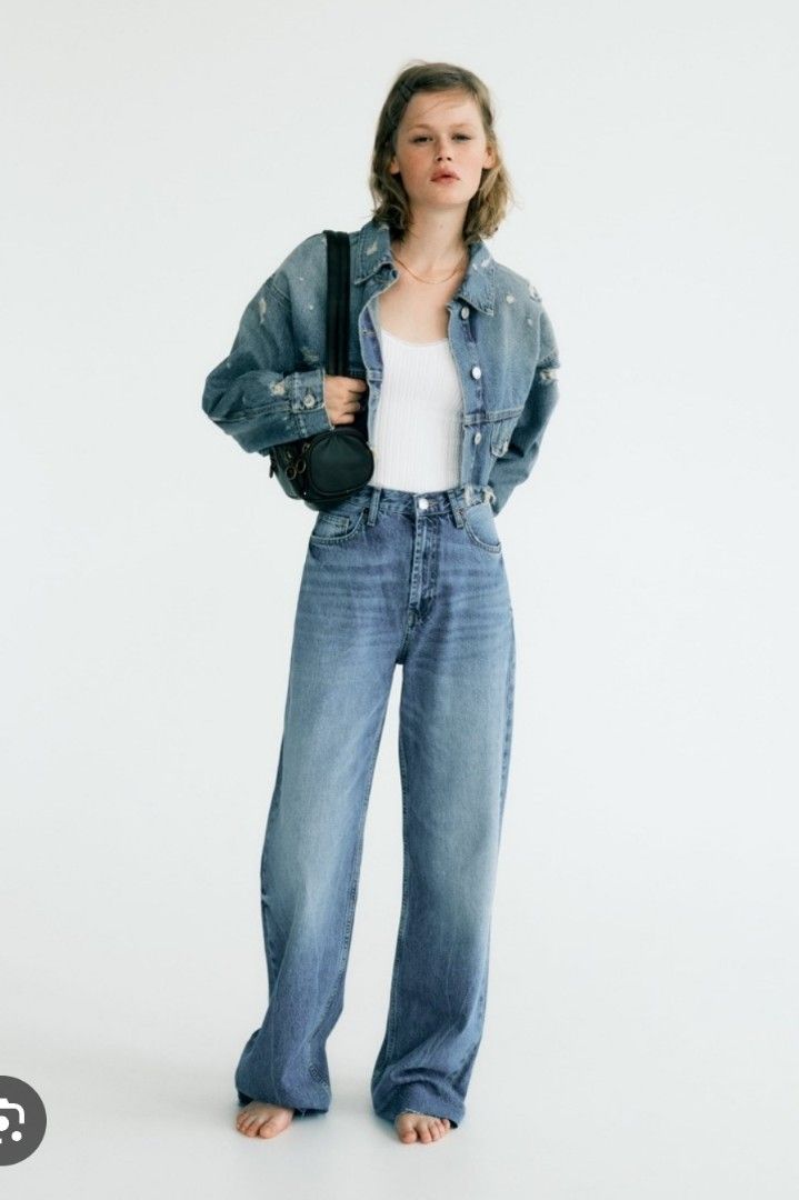 Zara high rise wide leg full length denim jeans unfinished cut celana  panjang wanita