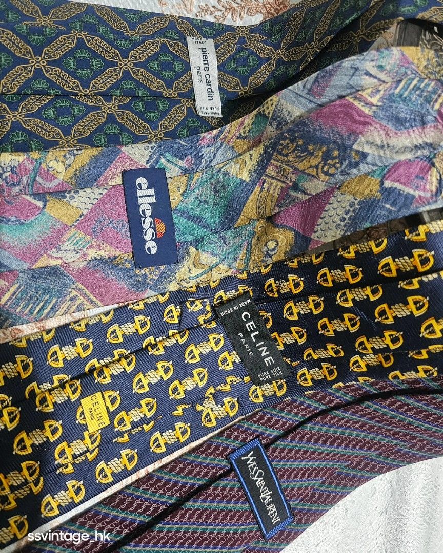 💟日本直送中古領呔❣️ 1️⃣ Pierre Card🖼《made in Italy HKD$168only 2️⃣ ellesse🥎 《made  in Japan HKD$168only 3️⃣ CELINE🏅🔒 《made in Spain HKD$188only 4️⃣ YSL⛓️🪩 《 made in Spain HKD$198only, 男裝, 手錶及配件, 領帶- Carousell