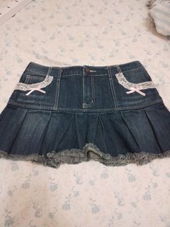 ♡ Lovely Coquette Dollette Vintage Pleated Denim Mini Skirt Lolita Jfashion ♡