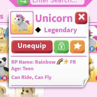 Adopt Me Pet Roblox Fly Ride Unicorn FR Legendary