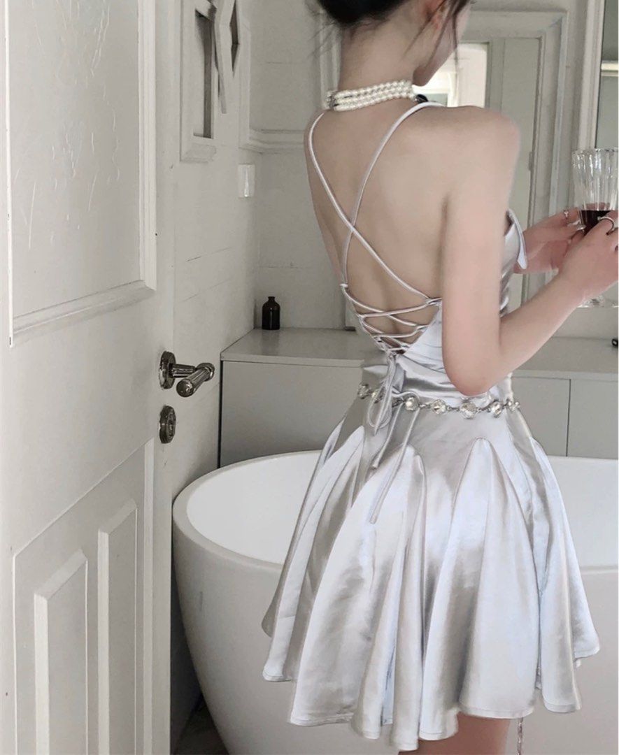 backless satin elegant french dress pinterest, Women's Fashion