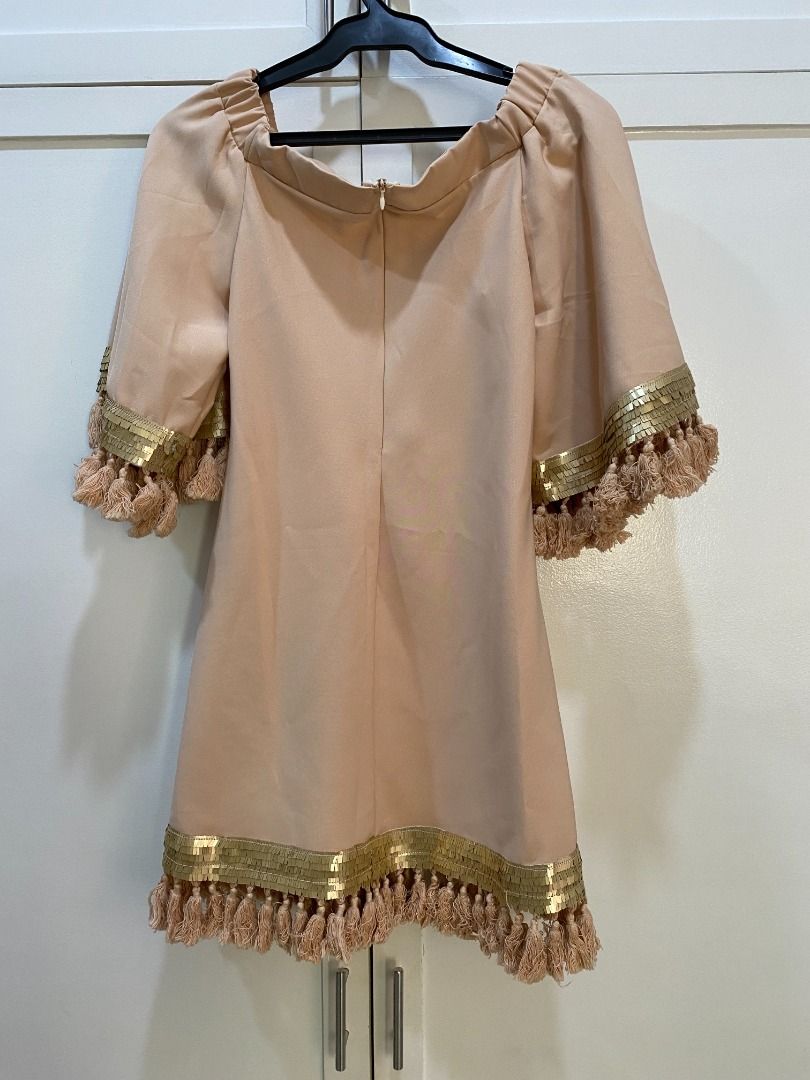 Beige Off-shoulder Dress (Category: Dresses) located in Quezon City. Submitted by briesells (Listing ID 1297771344, Image 2). Description: RFS: Decluttering. Need funds. Negotiable. Please message. Details: - Brand: none stated - Size on tag: no tag but fits size S - Color: pink-ish beige - No defects/issues. See my account bio for details on shipping and reservation (:.