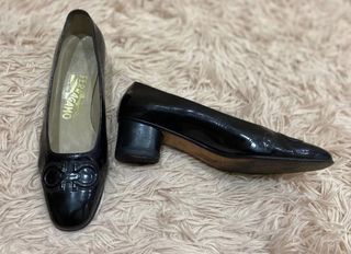 Black Patent Ferragamo Block Heels