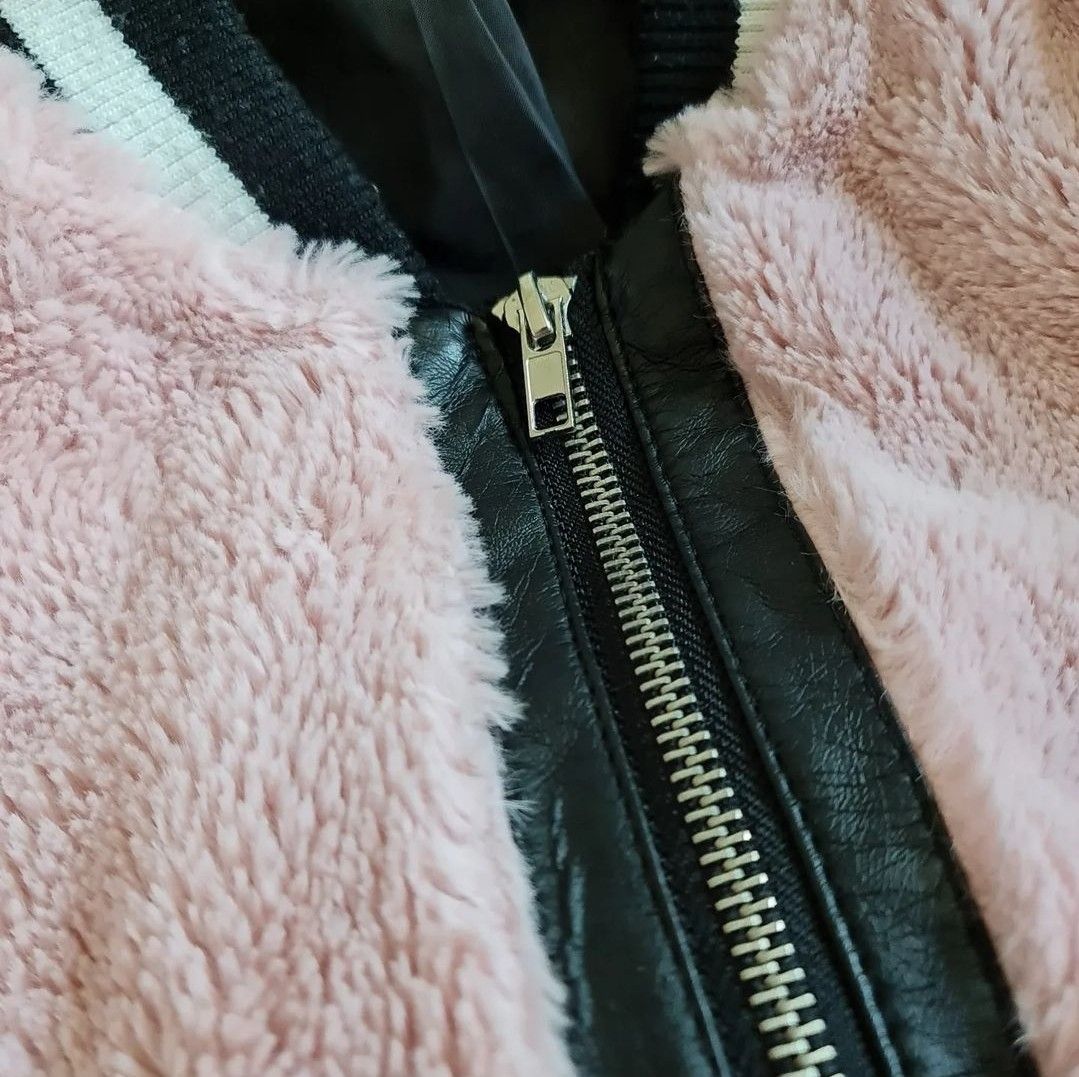 Forever 21 Cute Pink Black Fluffy Fur Bomber Jacket Men s Fashion Coats Jackets and Outerwear on Carousell
