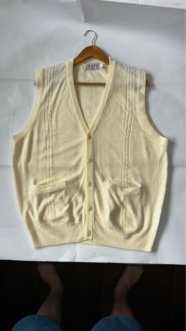DEPI Knitted Button Down Vest (Category: Vests) located in Quezon City. Submitted by thegentlemensraiment (Listing ID 1297756579, Image 2). Description: DEPI Knitted Button Down Vest Size: L on tag W: 23 1/2” L: 29” Price: 500 Note: *Due to lightning, color might vary. *This item is thrifted, hand-picked, secondhand, or thrifted, unless stated as brand new. *No return or exchange policy Price + SF DM for more details..