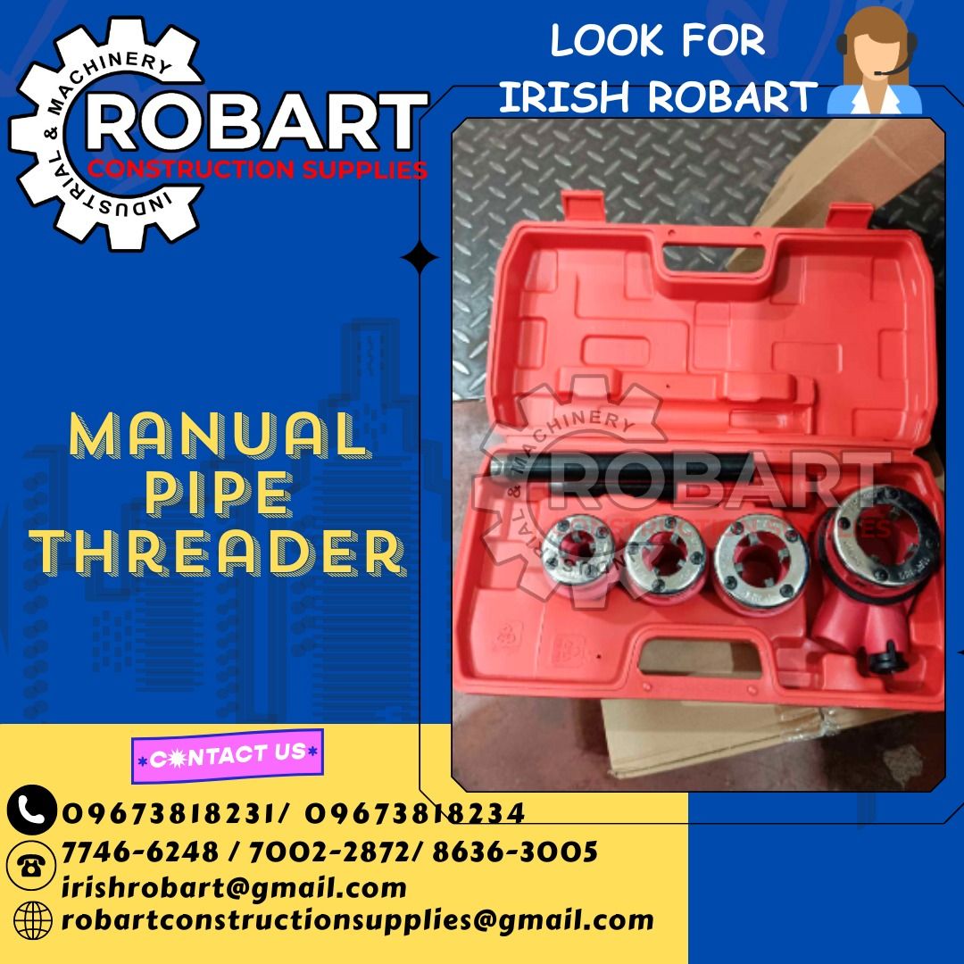 Manual Pipe Threader (Category: Construction Tools & Equipment) located in Manila. Submitted by irishrobart_22 (Listing ID 1297686501, Image 1). Description: Manual Pipe Threader Cap: 1/2 - 1 1/4 SEND US MESSAGE FOR INQUIRIES ‼️‼️ LOOK FOR IRISH ROBART VBR : 0 9 6 7 3 8 1 8 2 3 1/ 0 9 6 7 3 8 1 8 2 3 4 LANDLINE 8-6 3 6 3 0 0 5 / 7 7 4 6 -6 2 4 / 7 0 0 2-2 8 7 2 GMAIL: I R I S H R O B A R T @ G M A I L . C O M Office Address: 1405 Yuseco St. Sta C