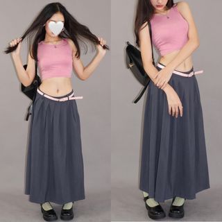 [SOLD] Most Dreamy and Rare Pinterest Pink Halter Top and Grey Pleated Long Skirt with Belt Korean School Inspired Outfit / Coordinates Set