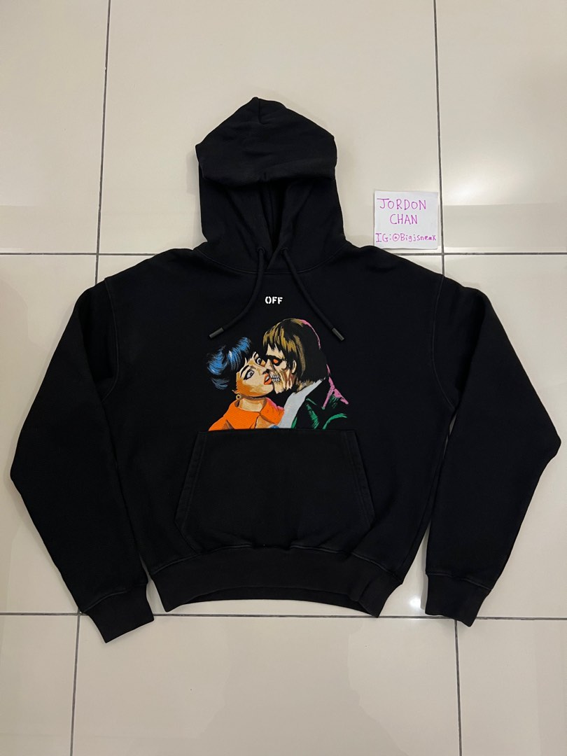 100 Off Off White Kiss Graphic Print Hoodie Black