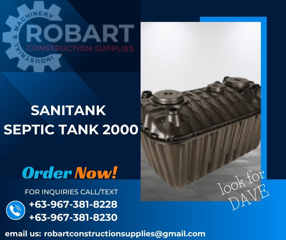 SANITANK SEPTIC TANK 2000 (Category: Construction Tools & Equipment) located in Caloocan City. Submitted by gabo. (Listing ID 1297738254, Image 1). Description: SALE❗ ❗ ❗ SALE❗ ❗ ❗ SALE❗ ❗ ❗ SANITANK SEPTIC TANK 2000 SIZE: 2030x1120x1350 THICKNESS: 5mm WEIGHT: 89kg LOOK FOR: Dave T. Cariño 0 9 6 7 3 8 1 8 2 2 8 / 0 9 6 7 3 8 1 8 2 3 0 7 7 4 6-6 1 4 8 / 7 0 0 2- 2 8 7 2 / 8 6 3 6-3 0 0 5 𝑹𝑶𝑩𝑨𝑹𝑻 𝑪𝑶𝑵𝑺𝑻𝑹𝑼𝑪𝑻𝑰𝑶𝑵 𝑺𝑼𝑷𝑷𝑳𝑰𝑬𝑺 📍 S&