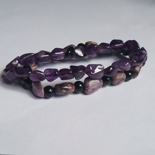 Small Amethyst and Charoite Nuggets Bracelet Set