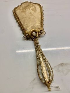 Vintage Handheld Mirror  Brocade Fabric, Faux Pearls