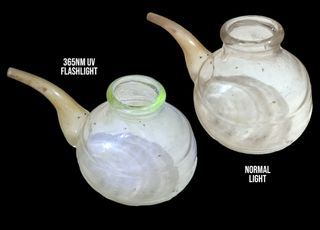 Vintage UV Reactive Sucking Glass Medicine Cup Milk Bottle Juice Dispenser Uranium Glass