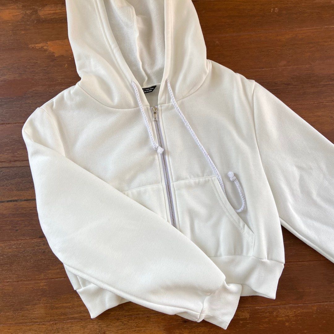 white cropped drawstring hoodie