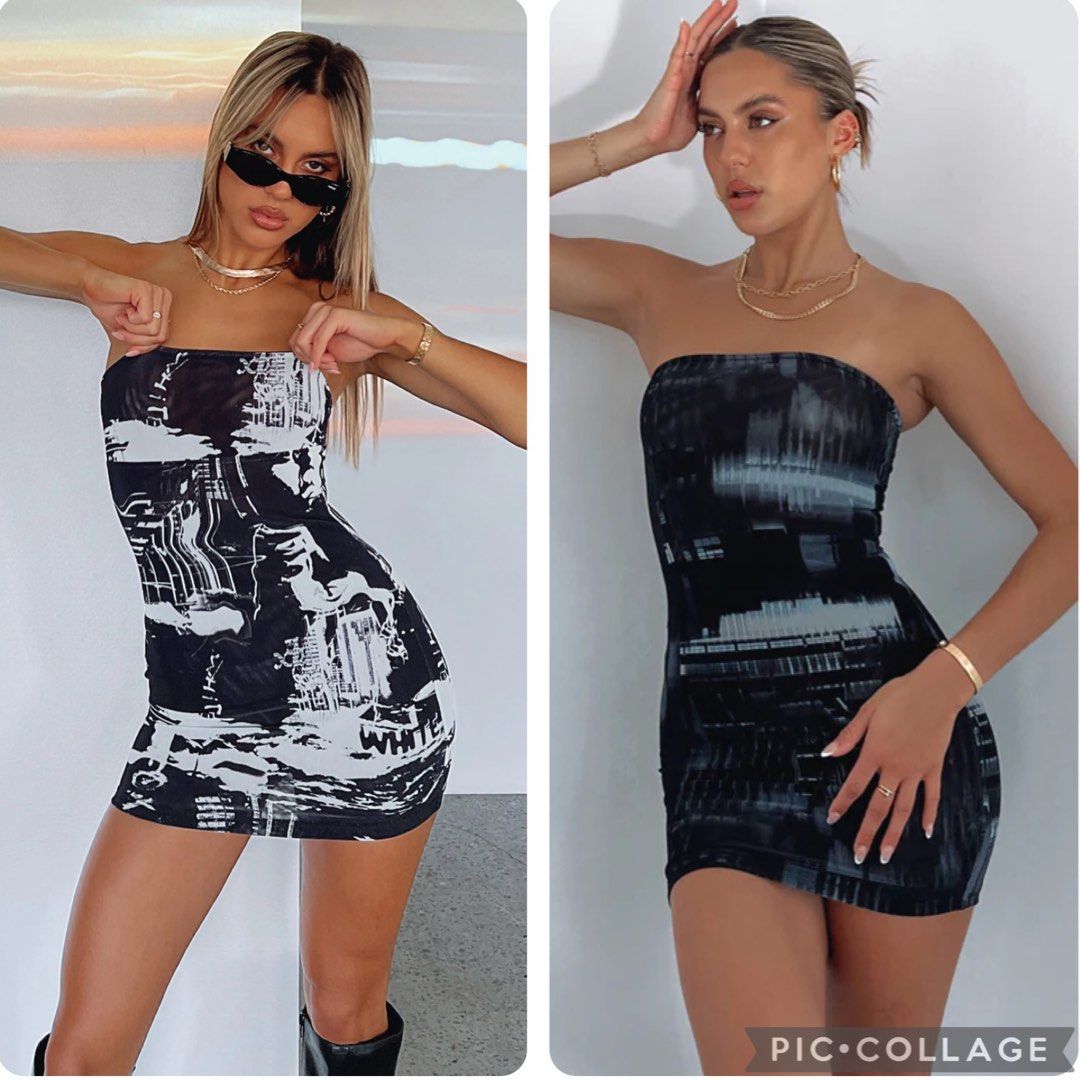 White fox boutique get closer cityscape mesh strapless graffiti print dress