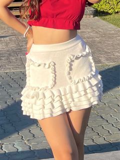 White Knitted Ruffled Skirt