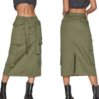 (xs-m) army olive dark green flap pocket split back belted cargo low waist skirt grunge alt acubi shein midi long straight