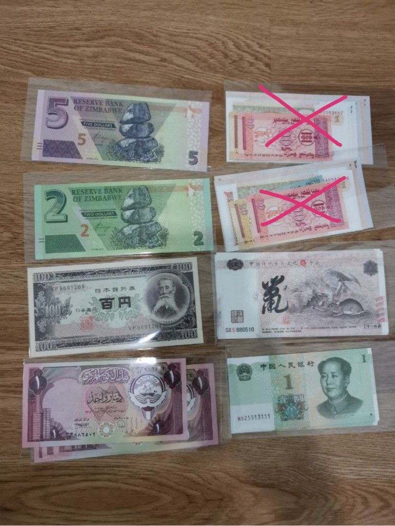 Zimbabwe 2 & 5, Bahamas 1/2, Japan 100 yen, Kuwait 1 Dinar, RMB 1,  12生肖纪念钞，Mongolia Sets, Hobbies & Toys, Memorabilia & Collectibles, Currency  on Carousell