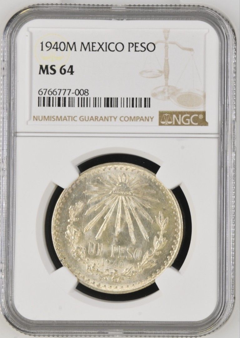 1940年M 墨西哥1 比索NGC MS64 BU, Mexico 1 Peso 1940-M Silver coin, 興趣及遊戲,  收藏品及紀念品, 錢幣- Carousell