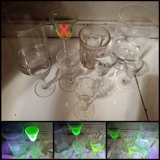 9pcs UV Reactive Antique Small Goblets and Tumblers Uranium Glass Glows Green in 365nm UV Flashlight