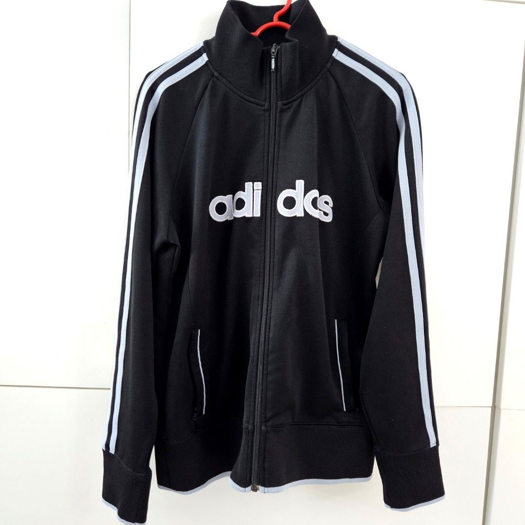 Adidas black jacket with blue stripes on sale