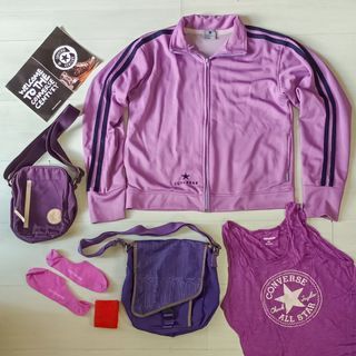 TAKE ALL FOR P1000: CONVERSE ALL STAR STUFF SET : LILAC TURTLE NECK JACKET, 2 PCS. VIOLET AND DARK PURPLE SLING CROSS BODY BAG WITH MANY POCKETS, FUCHSIA SANDO TANK TOP, PINK ANKLE SOCKS + FREE SPORTS WRISTBAND
