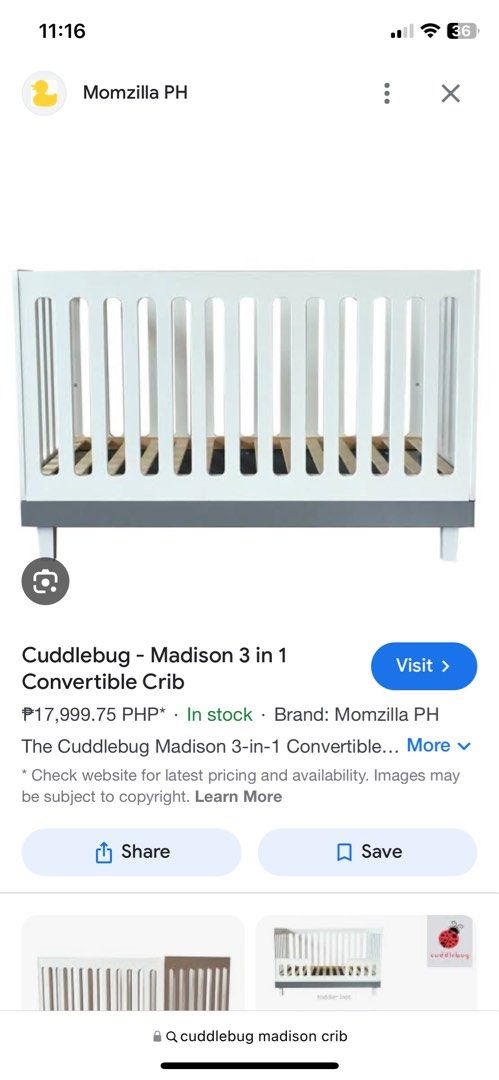 Cuddlebug Madison 3-in-1 crib with mattress (Category: Cots & Cribs) located in Taguig. Submitted by sclosetcleanup (Listing ID 1297832141, Image 1). Description: Comes with uratex mattress, 2 sets bolster pillows, sheets and blankets. Crib bed has chipping where one of the screws will be but it can still be used..