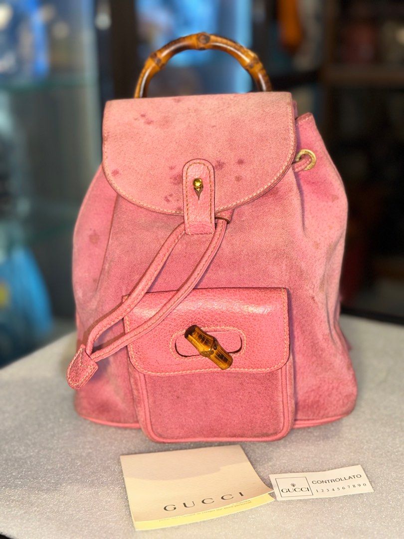 Gucci Pink Suede cum Calf Leather Bamboo Mini Backpack Luxury Bags Wallets on Carousell