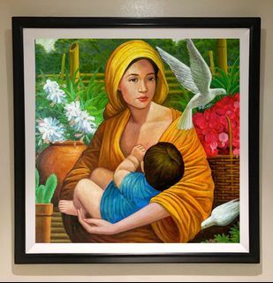 INA AT ANAK 35x35 inches OIL ON CANVAS Painting with Wood Frame, Ready to Hang