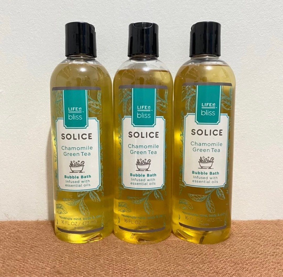 Life Is Bliss Solice Chamomile Green Tea Bubble Bath (473 mL) (Category: Bath) located in Quezon City. Submitted by xtian.store (Listing ID 1297828265, Image 1). Description: 100% ORIGINAL AND BRAND NEW PRODUCT OF [CANADA] ACTUAL PHOTOS ARE POSTED 📸 - 16 FL OZ (473 mL) - Infused with essential oils - Life is bliss bubble bath, combines the perfect balance of super foaming formula and natural nourishing oils that are beneficial to your skin. Get 