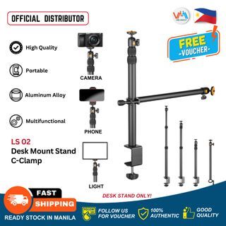 LS-02 Extendable Desk Mounting Aluminum Stand with Auxiliary Holding Arm Phone Camera Light Stand