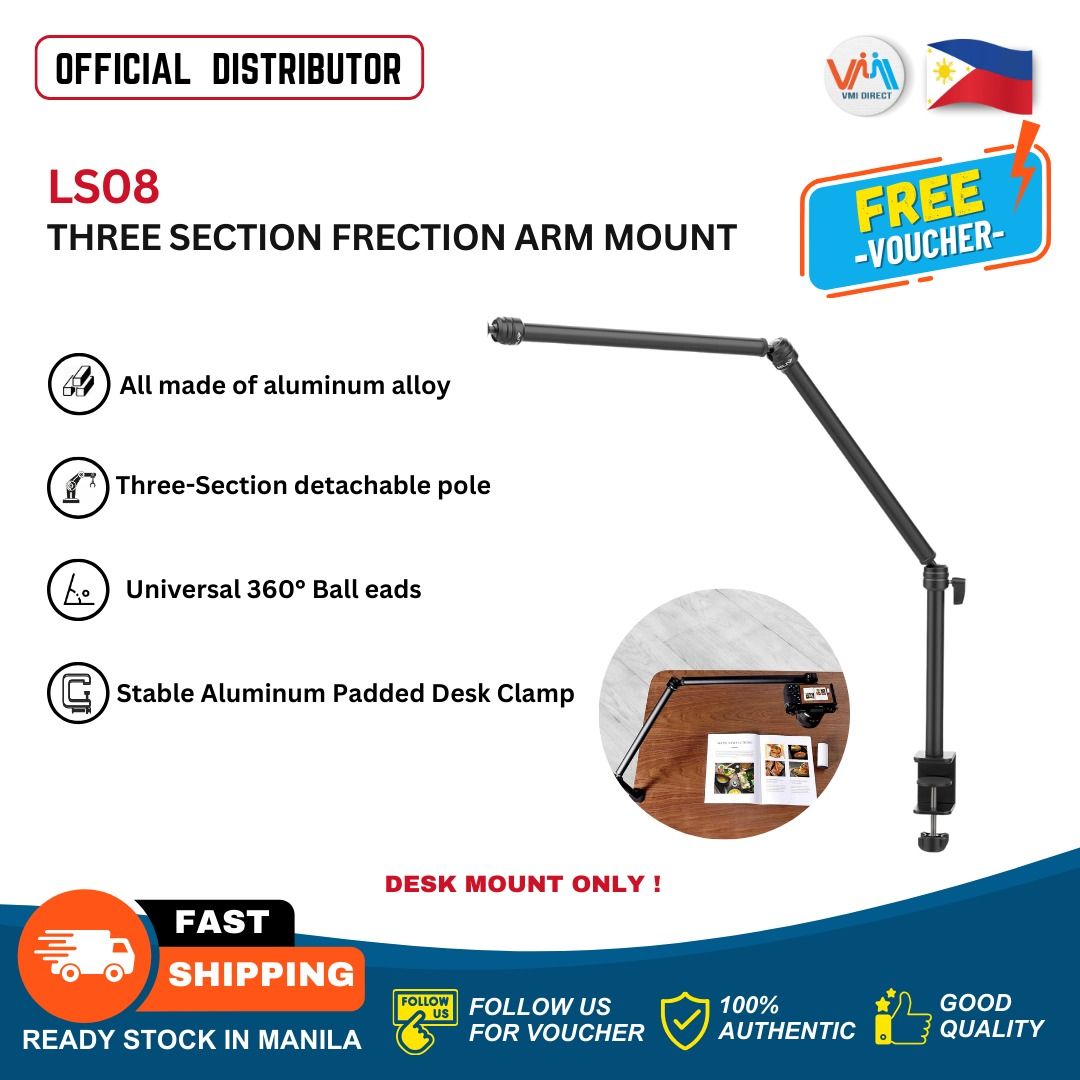 LS08 Professional Desktop Live Streaming Stand 3-Section Flexible Extendable Arm VMI direct (Category: Camera Bags & Carriers) located in Manila. Submitted by vmidirect (Listing ID 1297830464, Image 1). Description: LS08 Flexible Overhead Camera Mount Desk Stand Suitable for Different Microphones The LS08 camera desk stand comes with a standard 1/4" to 3/8" screw adapter and 1/4" to 5/8" screw adapter for different microphones and shock mounts. 1