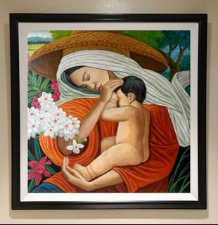 MOTHER'S LOVE 35x35 inches OIL ON CANVAS Painting with Wood Frame, Ready to Hang